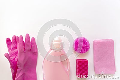 Yellow spray, pink gloves, orange rag with ÑÐ¾py space Stock Photo